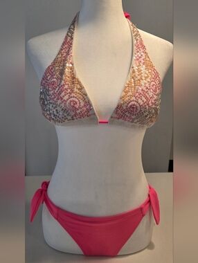 Women’s Pink Sequin Triangle Bikini Top